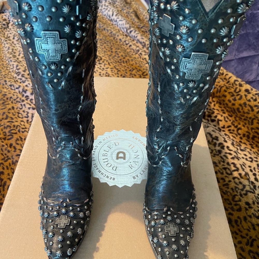 Double D Ranch Black Heeled Boots with Silver Accents- Cowboy Boots.